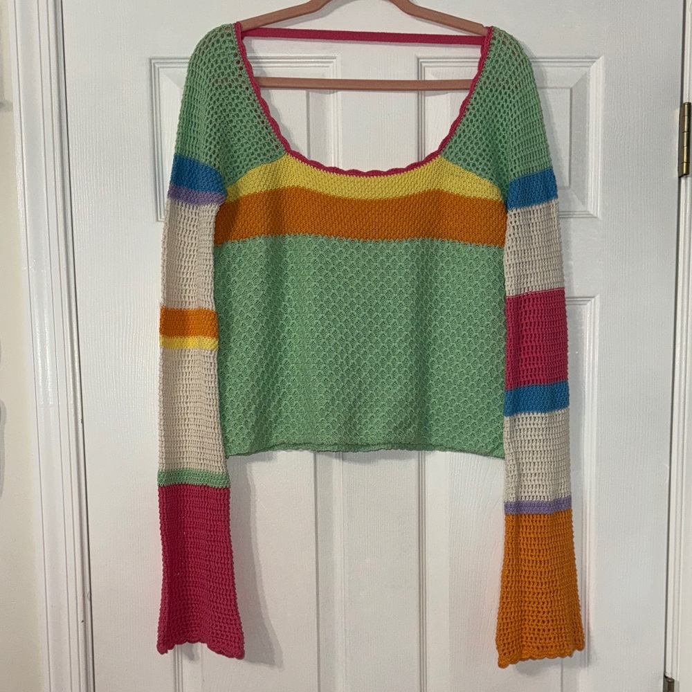 Rainbow striped Crochet Knit Long sleeve crop top with bell sleeves